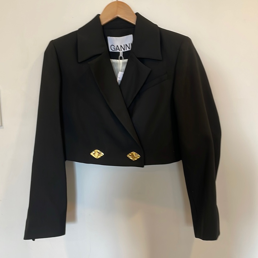 Ganni double-breasted cropped jacket, black, size 36